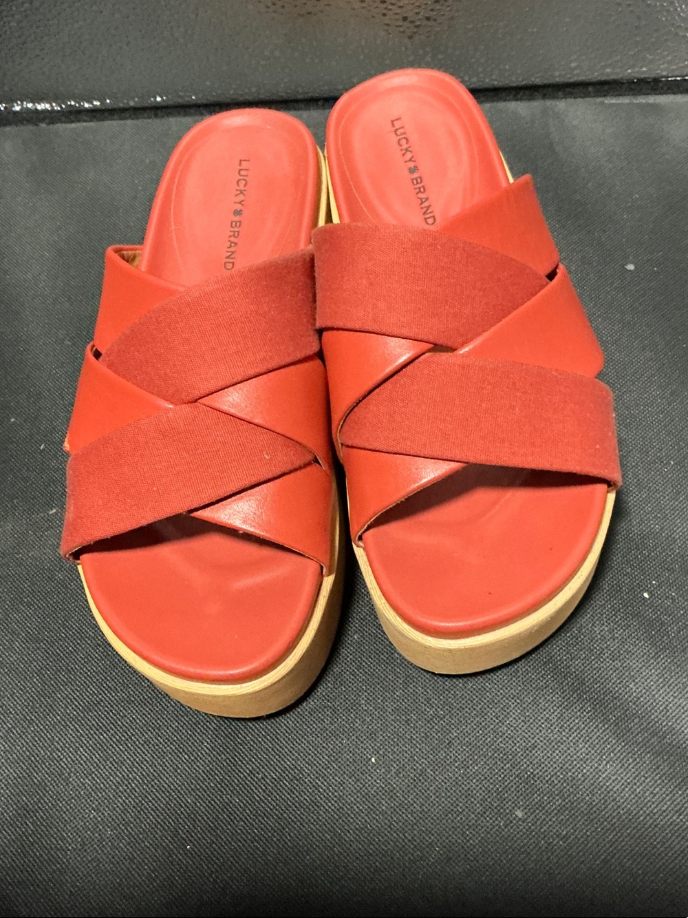 Lucky Brand Red Crisscross Platform Mules